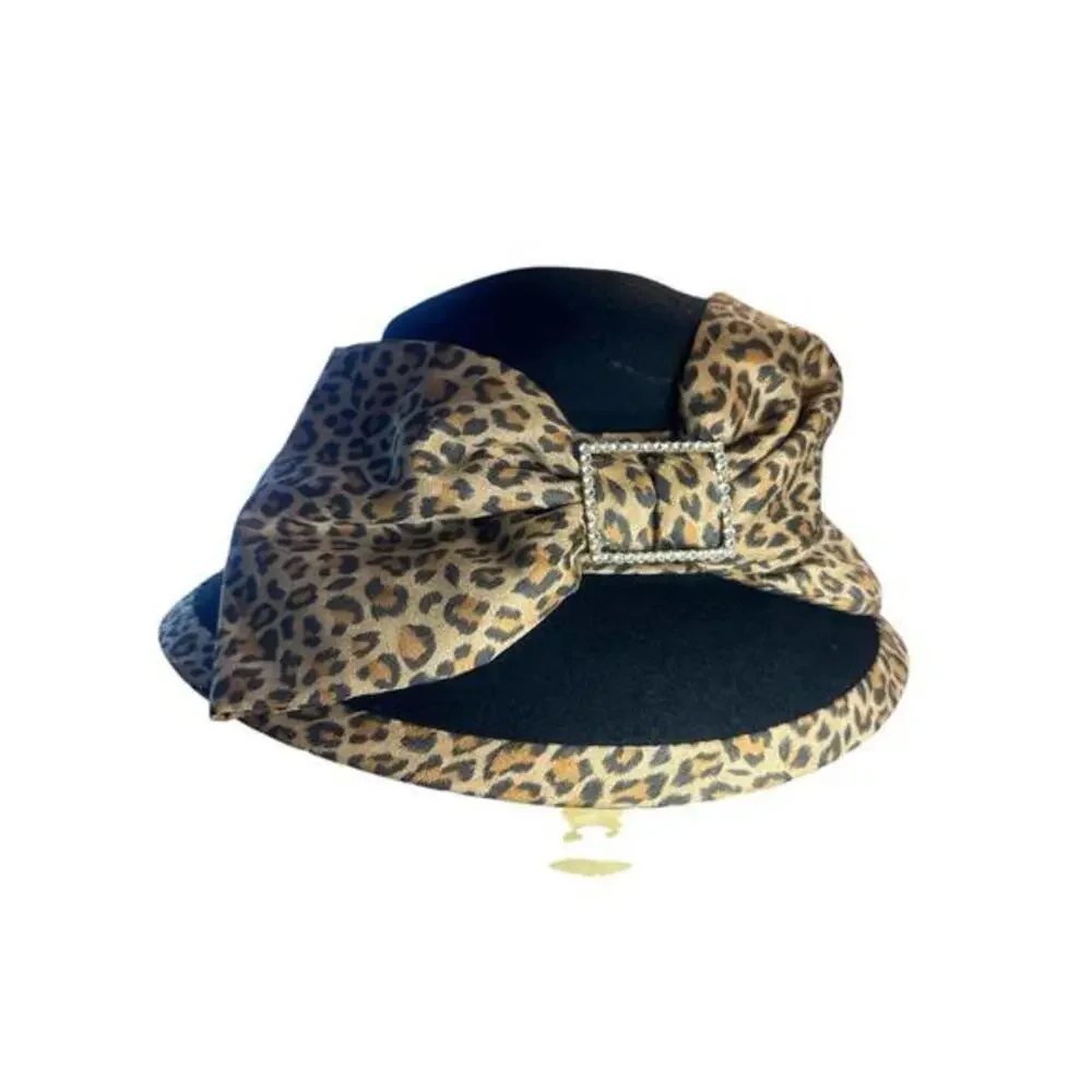 Womens Vintage ELLIE Black Hat 100% Wool Decoreted Natural satin bow